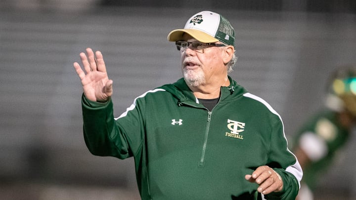 Trinity Catholic head coach John Brantley coaches before the game as Trinity Catholic takes on Holy Trinity in opening playoff round of the 2023 FHSAA Football State Championships at Trinity Catholic High School in Ocala, FL on Friday, November 17, 2023. [Alan Youngblood/Ocala Star-Banner]