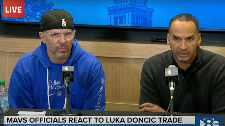 Jason Kidd and Nico Harrison address the media after the Luka Doncic trade. 