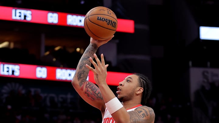 Feb 5, 2026; Houston, Texas, USA; Houston Rockets guard JD Davison (4) shoots inside against the Charlotte Hornets during the fourth quarter at Toyota Center. Mandatory Credit: Erik Williams-Imagn Images Feb 5, 2026; Houston, Texas, USA; Houston Rockets guard JD Davison (4) shoots inside against the Charlotte Hornets during the fourth quarter at Toyota Center. Mandatory Credit: Erik Williams-Imagn Images