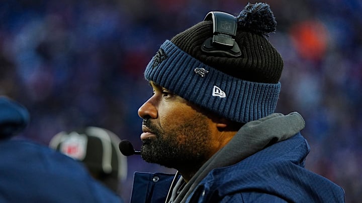 New England Patriots head coach Jerod Mayo watches his team during first half action at Highmark Stadium where the Buffalo Bills hosted the New England Patriots in Orchard Park on Dec. 22, 2024.