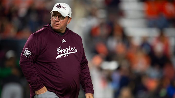 Texas A&M Aggies head coach Mike Elko during warm ups before Auburn Tigers take on Texas A&M Aggies at Jordan-Hare Stadium in Auburn, Ala., on Saturday, Sept. 7, 2024. Texas A&M Aggies head coach Mike Elko during warm ups before Auburn Tigers take on Texas A&M Aggies at Jordan-Hare Stadium in Auburn, Ala., on Saturday, Sept. 7, 2024.