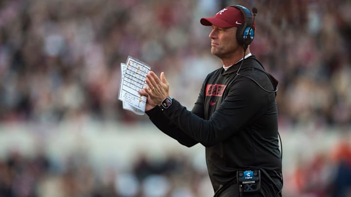 Alabama Crimson Tide head coach Kalen DeBoer encourages his team as Auburn Tigers take on Alabama Crimson Tide at Bryant-Denny Stadium in Tuscaloosa, Ala., on Saturday, Nov. 30, 2024. Alabama Crimson Tide defeated Auburn Tigers 28-14.