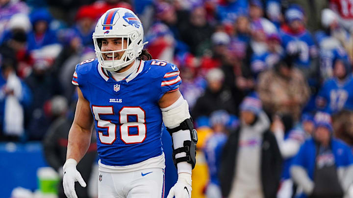 Buffalo Bills linebacker Matt Milano (58) smiles after making a tackle during the second half of the Buffalo Bills wild card game against the Denver Broncos at Highmark Stadium in Orchard Park on Jan. 12, 2025.