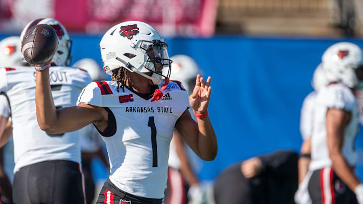 Arkansas State Red Wolves quarterback Jaylen Raynor (1) warms up before Arkansas State Red Wolves take on the Northern Illinois Huskies during the Camellia Bowl at Cramton Bowl in Montgomery, Ala., on Saturday, Dec. 23, 2023.