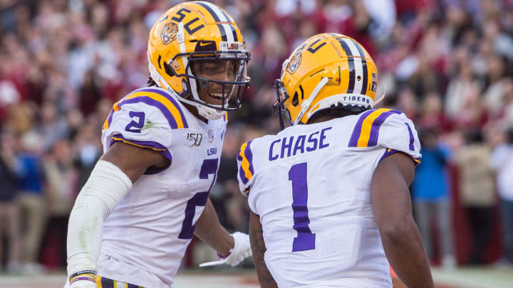 LSU wide receiver Justin Jefferson (2) and LSU wide receiver Ja'Marr Chase (1) celebrate Chase's touchdown catch at Bryant-Denny Stadium in Tuscaloosa, Ala., on Saturday, Nov. 9, 2019. LSU leads Alabama 33-13 at halftime.

Jc Bamalsu 40