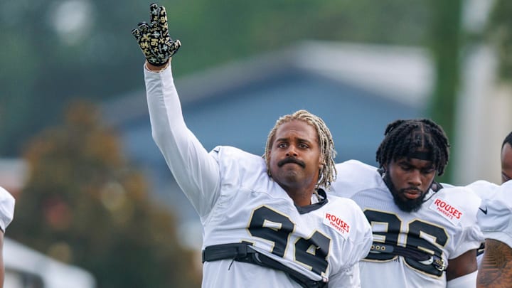 Jul 30, 2025; New Orleans, LA, USA; New Orleans Saints defensive end Cameron Jordan (94) during training camp at Ochsner Sports Performance Center. Mandatory Credit: Stephen Lew-Imagn Images Jul 30, 2025; New Orleans, LA, USA; New Orleans Saints defensive end Cameron Jordan (94) during training camp at Ochsner Sports Performance Center. Mandatory Credit: Stephen Lew-Imagn Images