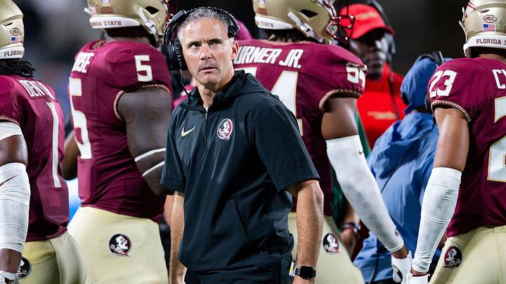 Sep 5, 2023; Orlando, Florida, USA; Florida State Seminoles head coach Mike Norvell leads FSU to the team s first victory of the season with a win over the LSU Tigers at Camping World Stadium on Sunday, Sept. 3, 2023. Mandatory Credit: Alicia Devine-Imagn Images