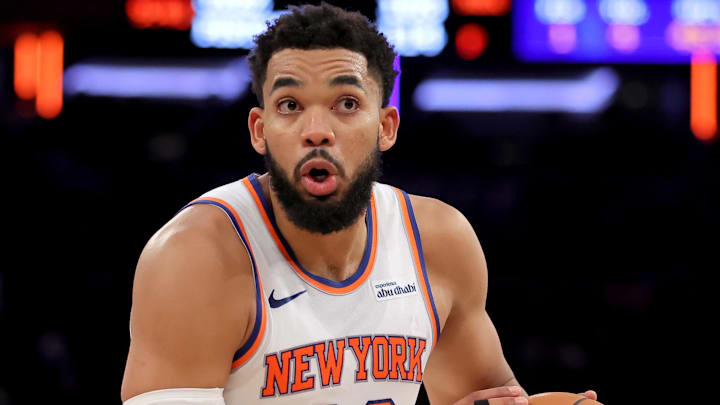 Nov 5, 2025; New York, New York, USA; New York Knicks center Karl-Anthony Towns (32) controls the ball against the Minnesota Timberwolves during the fourth quarter at Madison Square Garden. Mandatory Credit: Brad Penner-Imagn Images