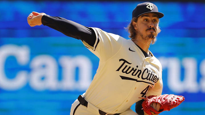 Aug 31, 2025; Minneapolis, Minnesota, USA; Minnesota Twins starting pitcher Joe Ryan (41) throws to the San Diego Padres in the first inning at Target Field. Mandatory Credit: Bruce Kluckhohn-Imagn Images