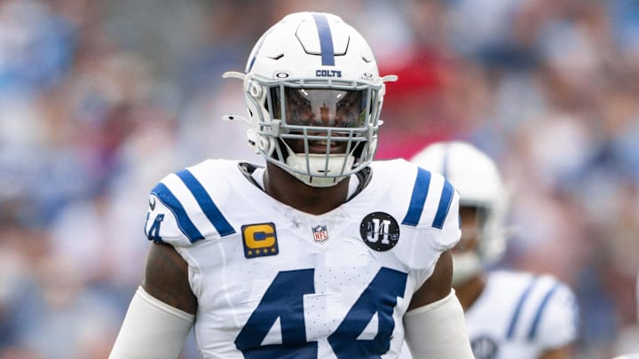 Sep 21, 2025; Nashville, Tennessee, USA;  Indianapolis Colts outside linebacker Zaire Franklin (44) sneaks a peak into the backfield against the Tennessee Titans during the first half at Nissan Stadium. Mandatory Credit: Steve Roberts-Imagn Images