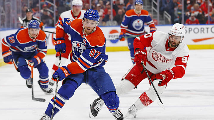 Feb 13, 2024; Edmonton, Alberta, CAN; Edmonton Oilers forward Connor McDavid (97) looks to make a