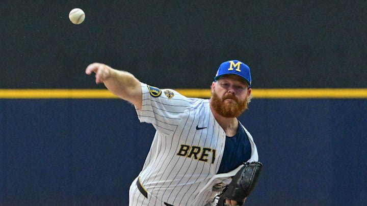 Jul 27, 2025; Milwaukee, Wisconsin, USA; Milwaukee Brewers starting pitcher Brandon Woodruff (53) throws a pitch in the first inning against the Miami Marlins at American Family Field. Mandatory Credit: Benny Sieu-Imagn Images