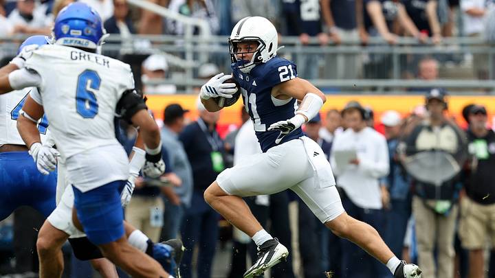 Penn State Nittany Lions running back Carson Hansen (21) runs with the ball against the Buffalo Bulls at Beaver Stadium. Penn State Nittany Lions running back Carson Hansen (21) runs with the ball against the Buffalo Bulls at Beaver Stadium.