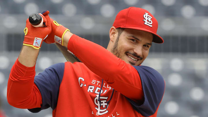 Oct 3, 2022; Pittsburgh, Pennsylvania, USA; St. Louis Cardinals third baseman Nolan Arenado (28) at the batting cage before the game against the Pittsburgh Pirates at PNC Park. Mandatory Credit: Charles LeClaire-Imagn Images Oct 3, 2022; Pittsburgh, Pennsylvania, USA; St. Louis Cardinals third baseman Nolan Arenado (28) at the batting cage before the game against the Pittsburgh Pirates at PNC Park. Mandatory Credit: Charles LeClaire-Imagn Images