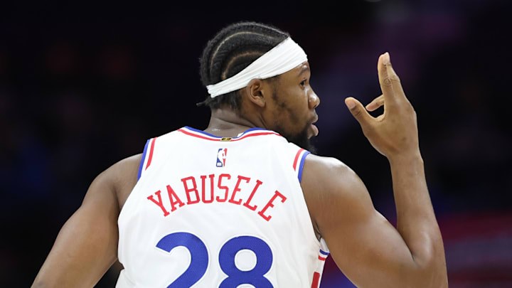 Mar 26, 2025; Philadelphia, Pennsylvania, USA; Philadelphia 76ers forward Guerschon Yabusele (28) reacts to his three pointer against the Washington Wizards during the first quarter at Wells Fargo Center. Mandatory Credit: Bill Streicher-Imagn Images