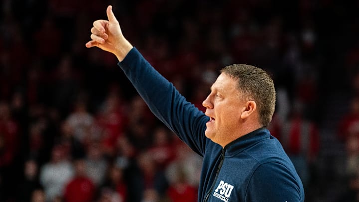 Penn State coach Mike Rhoades against the Nebraska Cornhuskers during the first half at Pinnacle Bank Arena. 