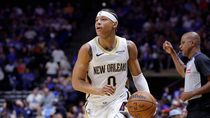 Oct 6, 2026; Tulsa, Oklahoma, USA; New Orleans Pelicans guard Jeremiah Fears (0) dribbles down the court against the Oklahoma City Thunder during the first half of a preseason game at BOK Center. Mandatory Credit: Alonzo Adams-Imagn Images
