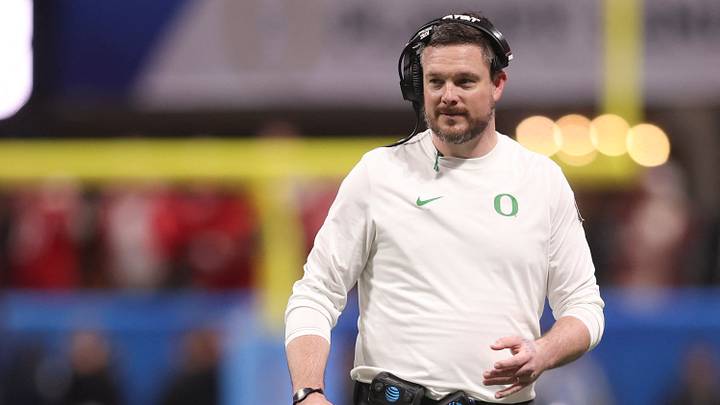 Jan 9, 2026; Atlanta, GA, USA; Oregon Ducks head coach Dan Lanning reacts during the first half of the 2025 Peach Bowl and semifinal game of the College Football Playoff against the Indiana Hoosiers at Mercedes-Benz Stadium. Mandatory Credit: Brett Davis-Imagn Images
