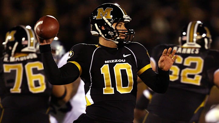 Former Missouri Tigers quarterback Chase Daniel (10) looks to throw a pass in a game against the Kansas State Wildcats several seasons ago. 