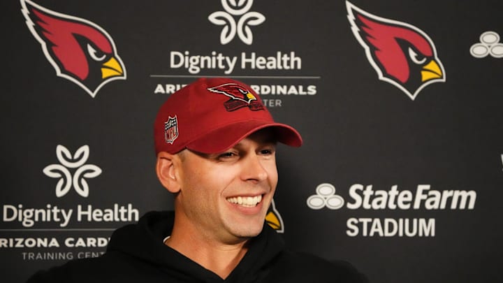 Arizona Cardinals head coach Jonathan Gannon during an NFL pre-draft news conference at the Cardinals Dignity Health Training Center in Tempe on April 18, 2024.