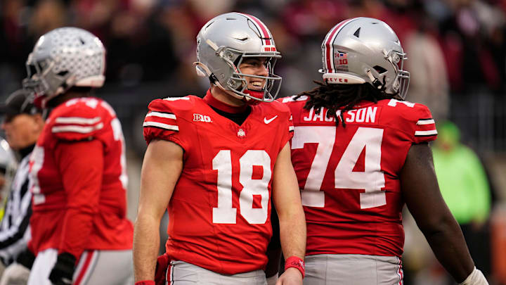 Ohio State Buckeyes quarterback Will Howard (18) celebrates during the second half of the NCAA football game against the Indiana Hoosiers at Ohio Stadium in Columbus on Saturday, Nov. 23, 2024. Ohio State won 38-15.