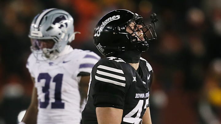 Iowa State Cyclones linebacker Kooper Ebel (47) celebrates after a fumble recover by the team during the second quarter in the NCAA football at Jack Trice Stadium on Saturday, Nov. 30, 2024, in Ames, Iowa.