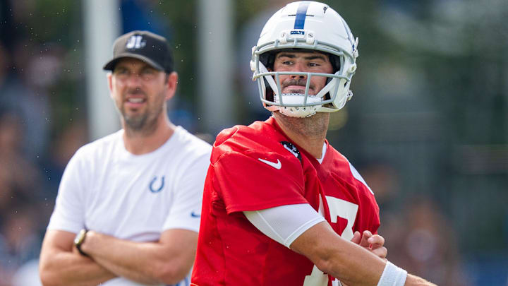 Indianapolis Colts quarterback Daniel Jones (17) throws Friday, July 25, 2025, during training camp held at Grand Park in Westfield.