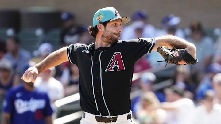 Arizona Diamondbacks pitcher Zac Gallen (23) throws to the Los Angeles Dodgers in the first inning on Feb. 25, 2026, at Salt River Fields in Scottsdale.
