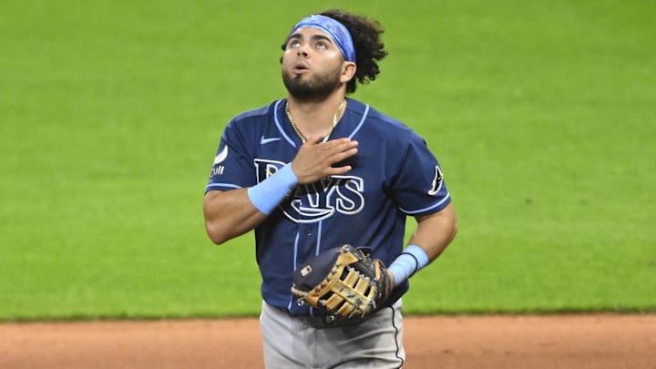 Apr 28, 2026; Cleveland, Ohio, USA; Tampa Bay Rays first baseman Jonathan Aranda (8) reacts after a win over the Cleveland Guardians at Progressive Field. 
