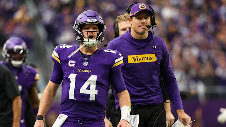 Dec 8, 2024; Minneapolis, Minnesota, USA; Minnesota Vikings quarterback Sam Darnold (14) celebrates his touchdown pass to wide receiver Justin Jefferson (18) against the Atlanta Falcons during the second quarter at U.S. Bank Stadium. Dec 8, 2024; Minneapolis, Minnesota, USA; Minnesota Vikings quarterback Sam Darnold (14) celebrates his touchdown pass to wide receiver Justin Jefferson (18) against the Atlanta Falcons during the second quarter at U.S. Bank Stadium.