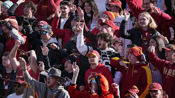 Iowa State fans cheer the Iowa State and Kansas football in the senior day on Nov. 22, 2025, at Jack Trice Stadium in Ames, Iowa Iowa State fans cheer the Iowa State and Kansas football in the senior day on Nov. 22, 2025, at Jack Trice Stadium in Ames, Iowa