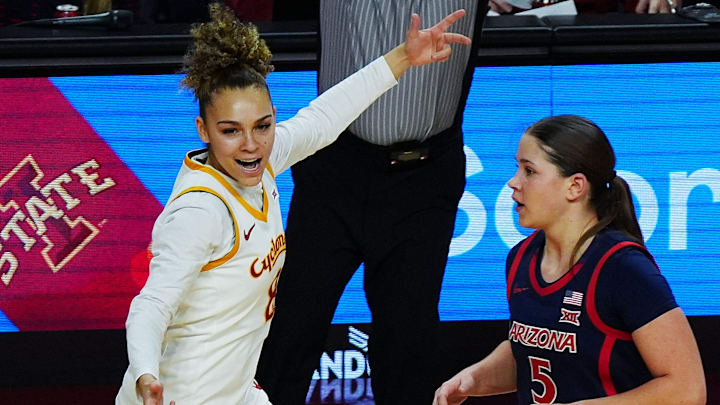 Iowa State Cyclones' guard Jada Williams (8) celebrates after making a three-point shot against Arizona during the second quarter in the Big-12 women’s basketball on Jan. 24, 2026, at Hilton Coliseum in Ames, Iowa. Iowa State Cyclones' guard Jada Williams (8) celebrates after making a three-point shot against Arizona during the second quarter in the Big-12 women’s basketball on Jan. 24, 2026, at Hilton Coliseum in Ames, Iowa.