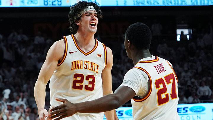 Iowa State Cyclones forward Blake Buchanan (23) celebrates with Iowa State Cyclones forward Killyan Toure (27) after a dunk against Baylor during the second half in the Big-12 men’s basketball on Feb. 7, 2026, at Hilton Coliseum in Ames, Iowa Iowa State Cyclones forward Blake Buchanan (23) celebrates with Iowa State Cyclones forward Killyan Toure (27) after a dunk against Baylor during the second half in the Big-12 men’s basketball on Feb. 7, 2026, at Hilton Coliseum in Ames, Iowa