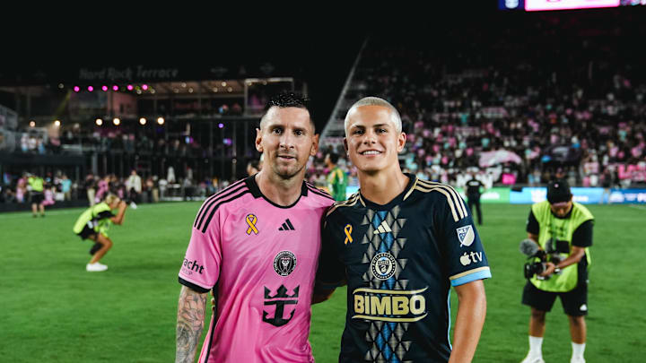 Sep 14, 2024; Fort Lauderdale, Florida, USA; Inter Miami forward Lionel Messi (10) and Philadelphia Union midfielder Cavan Sullivan (6) pose together after the match at Chase Stadium. Mandatory Credit: MLS Photos via Imagn Images