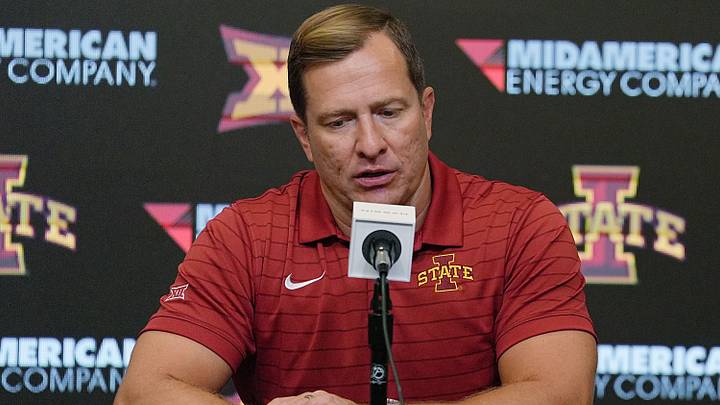 Iowa State Cyclones men's basketball head coach T.J. Otzelberger talks during the university men’s basketball media day at Hilton Coliseum on October. 8, 2025, in Ames, Iowa. Iowa State Cyclones men's basketball head coach T.J. Otzelberger talks during the university men’s basketball media day at Hilton Coliseum on October. 8, 2025, in Ames, Iowa.