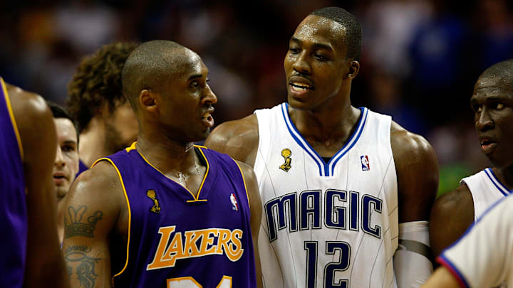 Orlando Magic center Dwight Howard and Los Angeles Lakers guard Kobe Bryant during the 2009 NBA Finals. Orlando Magic center Dwight Howard and Los Angeles Lakers guard Kobe Bryant during the 2009 NBA Finals.