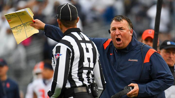 Oct 23, 2021; University Park, Pennsylvania, USA; Illinois Fighting Illini head coach Bret Bielema reacts to a call against the Penn State Nittany Lions during the first half at Beaver Stadium. Mandatory Credit: Rich Barnes-USA TODAY Sports Oct 23, 2021; University Park, Pennsylvania, USA; Illinois Fighting Illini head coach Bret Bielema reacts to a call against the Penn State Nittany Lions during the first half at Beaver Stadium. Mandatory Credit: Rich Barnes-USA TODAY Sports