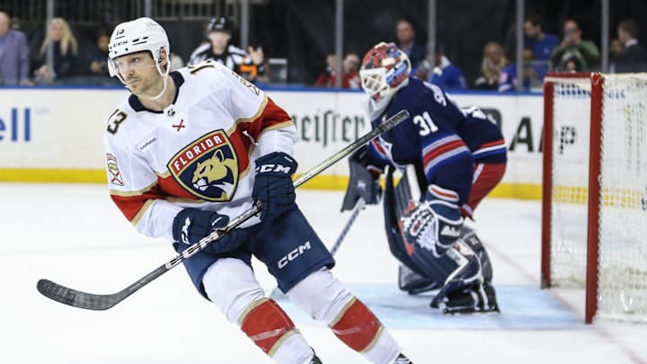 Mar 23, 2024; New York, New York, USA; Florida Panthers center Sam Reinhart (13) circles back after