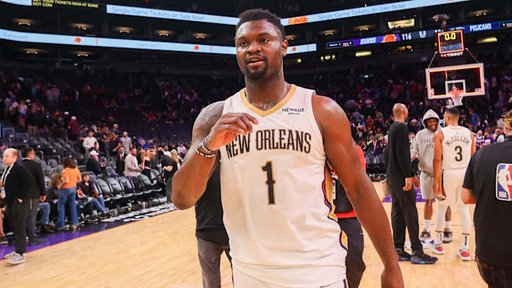 Feb 27, 2025; Phoenix, Arizona, USA; New Orleans Pelicans forward Zion Williamson (1) after a victory over the Phoenix Suns at Footprint Center. Mandatory Credit: Brett Davis-Imagn Images