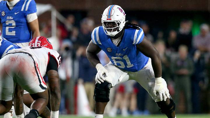 Nov 9, 2024; Oxford, Mississippi, USA; Mississippi Rebels offensive lineman Diego Pounds (61) lines up before the snap during the second half against the Georgia Bulldogs at Vaught-Hemingway Stadium. Mandatory Credit: Petre Thomas-Imagn Images