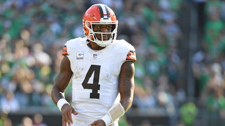 Oct 13, 2024; Philadelphia, Pennsylvania, USA; Cleveland Browns quarterback Deshaun Watson (4) against the Philadelphia Eagles at Lincoln Financial Field. Oct 13, 2024; Philadelphia, Pennsylvania, USA; Cleveland Browns quarterback Deshaun Watson (4) against the Philadelphia Eagles at Lincoln Financial Field.