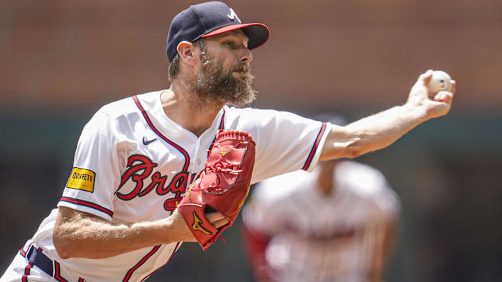 Apr 26, 2026; Cumberland, Georgia, USA; Atlanta Braves pitcher Chris Sale (51) pitches against the Philadelphia Phillies during the first inning at Truist Park.