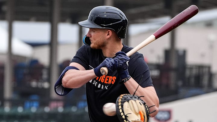 Detroit Tigers outfielder Parker Meadows bats during spring training at Joker Marchant Stadium in Lakeland, Fla. on Thursday, Feb. 20, 2025.