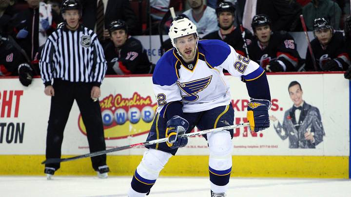 January 2, 2009; Raleigh, NC, USA; St. Louis Blues right wing (22) Brad Boyes gets ready to take a shot against the Carolina Hurricanes at the RBC Center. The Hurricanes defeated the Blues 2-1.  Mandatory Credit: James Guillory-USPRESSWIRE