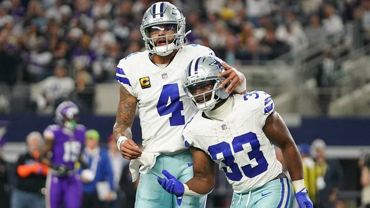 Dallas Cowboys running back Javonte Williams (33) celebrates with quarterback Dak Prescott (4) after a touchdown during the first half against the Minnesota Vikings at AT&T Stadium. Mandatory Credit: Raymond Carlin III-Imagn Images Dallas Cowboys running back Javonte Williams (33) celebrates with quarterback Dak Prescott (4) after a touchdown during the first half against the Minnesota Vikings at AT&T Stadium. Mandatory Credit: Raymond Carlin III-Imagn Images