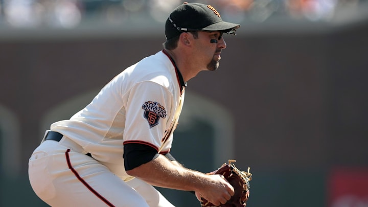 Sep 28, 2011; San Francisco CA, USA; San Francisco Giants third baseman Mark DeRosa (7) during the first inning against the Colorado Rockies at AT&T Park.