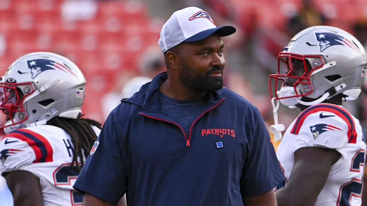 Aug 25, 2024; Landover, Maryland, USA; New England Patriots head coach Jerod Mayo walks the field before the start of the preseason game against the Washington Commanders at Commanders Field.