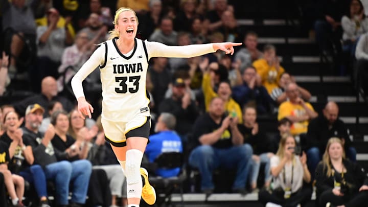 Iowa guard Lucy Olsen (33) gestures to her teammates after hitting a three-point shot on November 6, 2024.