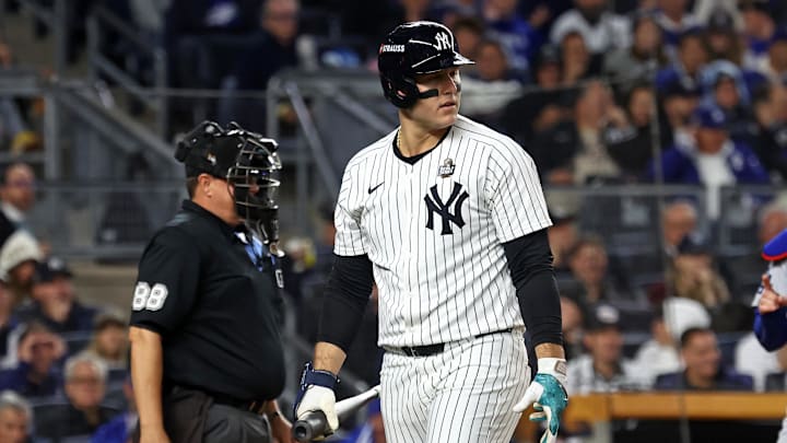 Oct 29, 2024; Bronx, New York, USA; New York Yankees first baseman Anthony Rizzo (48) reacts after striking out against the Los Angeles Dodgers in the second inning during Game 4 of the 2024 MLB World Series at Yankee Stadium.