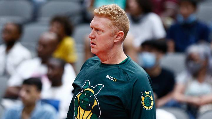 Jul 31, 2021; Dallas, Texas, USA; Ball Hogs forward Brian Scalabrine (24) watches from the bench in a game against Ghost Ballers during week four of the Big3 3-on-3 basketball league at American Airlines Center. Mandatory Credit: Aric Becker-Imagn Images
